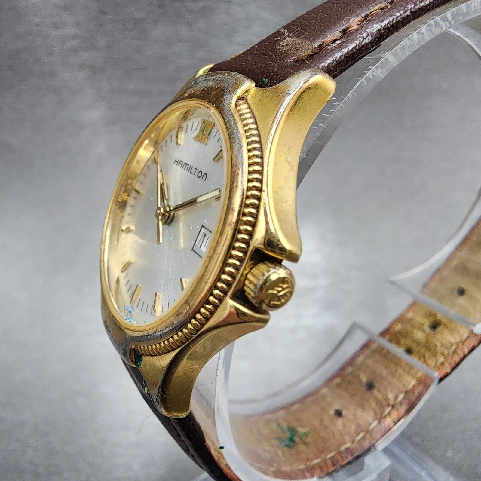 Hamilton Watch Women 26mm Silver Dial Gold Tone Date Round 8460 PARTS3