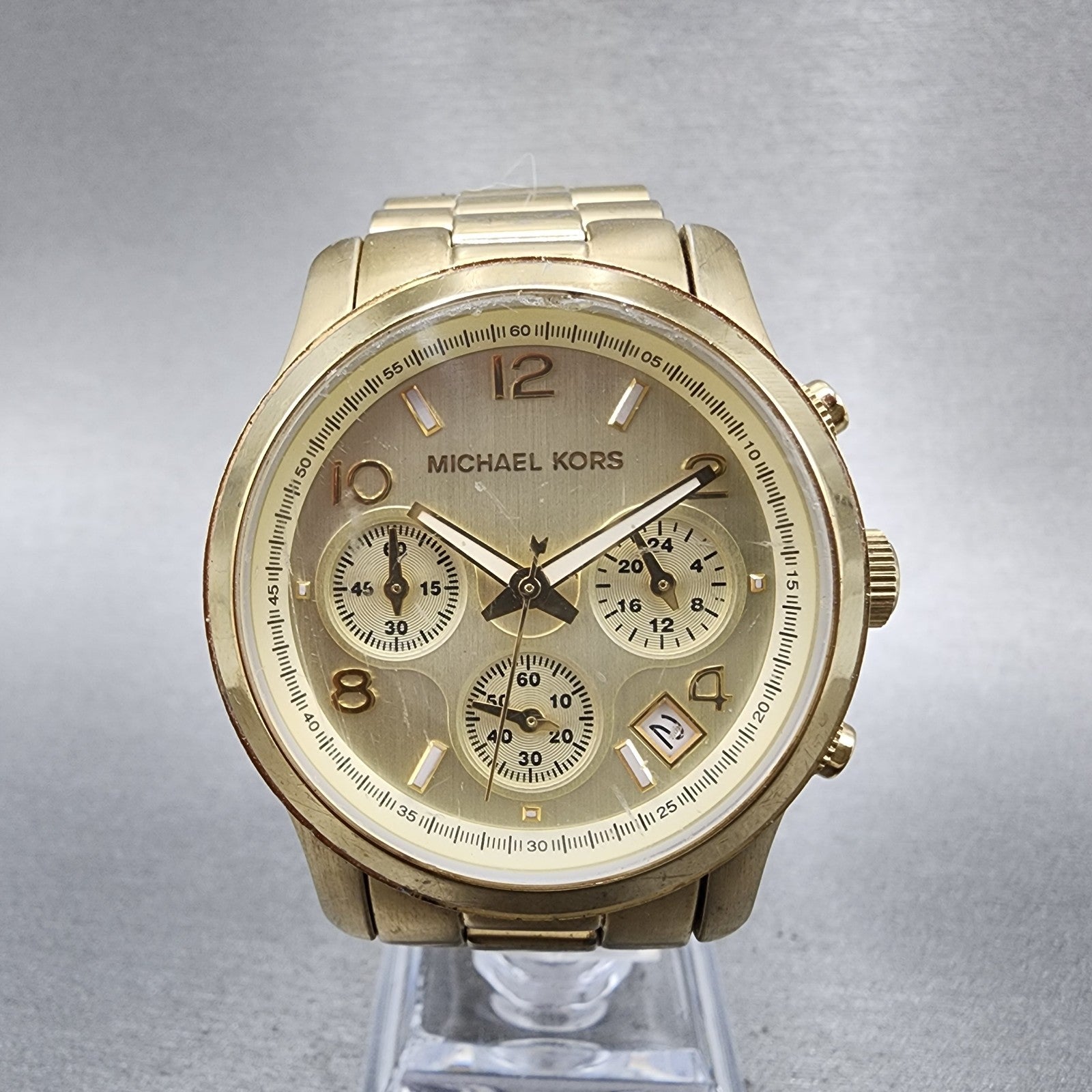 Michael Kors Runway Chronograph Watch Women 38mm Champagne Dial Gold Tone NewBat0