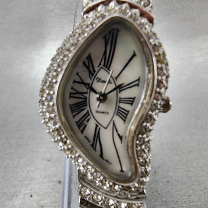 Xanadu Half Moon Watch Women 22mm MOP Dial Crystal Accents Silver Tone New Batt1