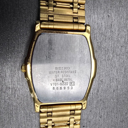 Seiko Watch Men 31mm Gold Dial Gold Tone Rectangle V701-5220 New Battery Vintage10