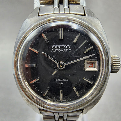 Seiko Automatic Watch Women 24mm Black Dial Silver Tone Date 2205-0050 Runs