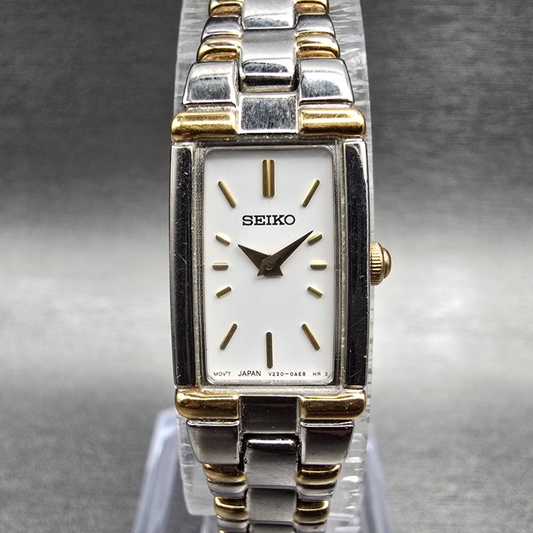 Seiko Watch Women 13mm White Dial Two Tone Rectangle V220-0AB0 New Battery0