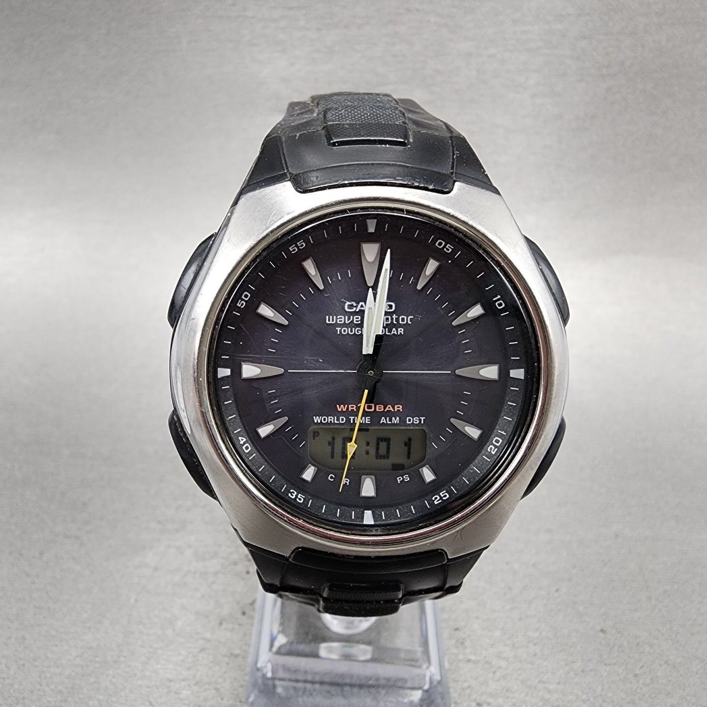 Casio Wave Ceptor Watch Men 43mm Black Dial Silver Tone Analog Digital  Solar AB0