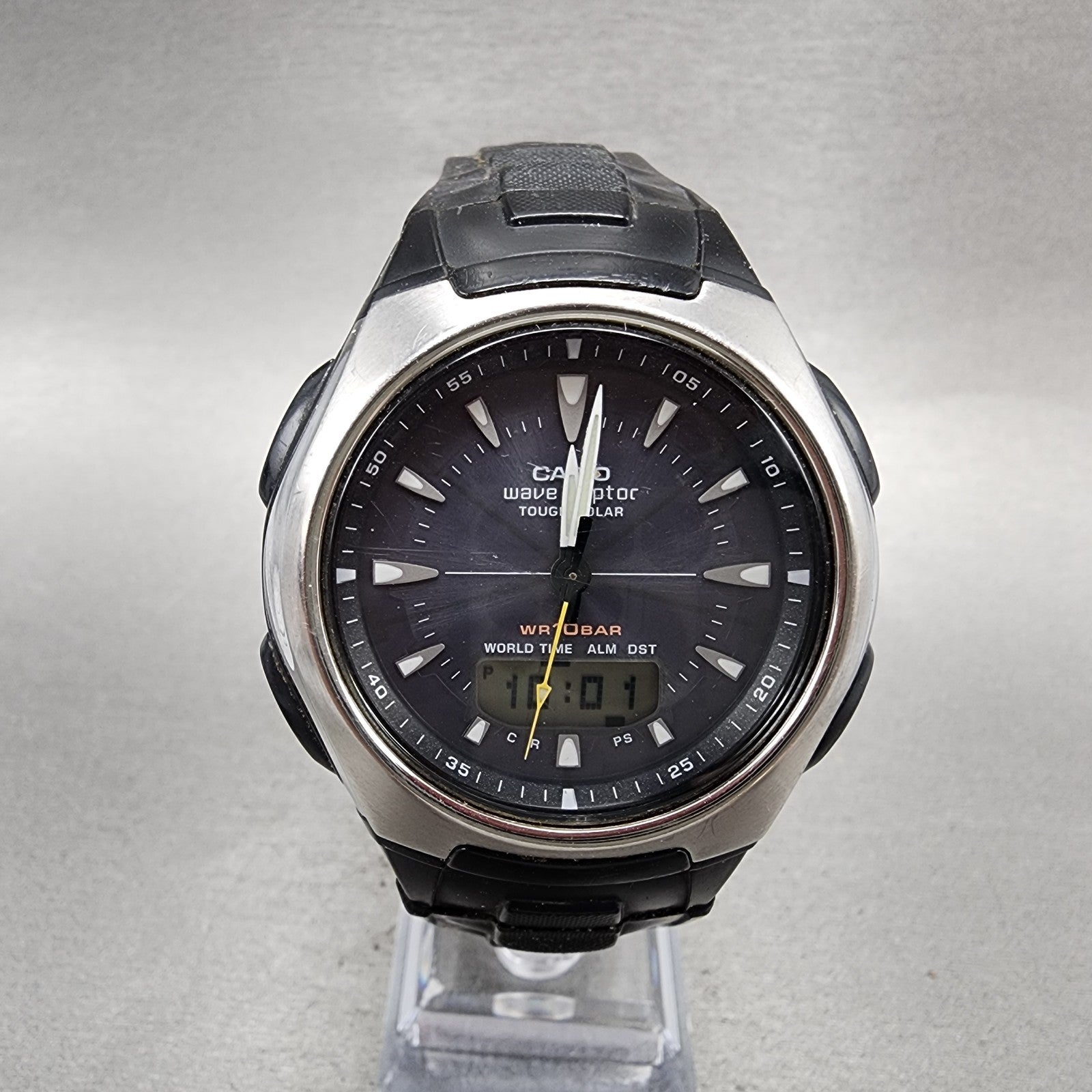 Casio Wave Ceptor Watch Men 43mm Black Dial Silver Tone Analog Digital  Solar AB0