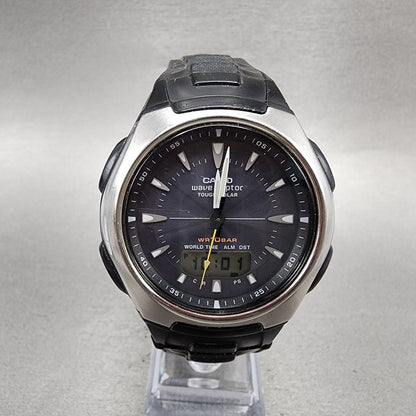 Casio Wave Ceptor Watch Men 43mm Black Dial Silver Tone Analog Digital  Solar AB0