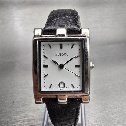 Bulova Watch Women 20mm White Dial Silver Tone Date Rectangle 96M19 New Battery0