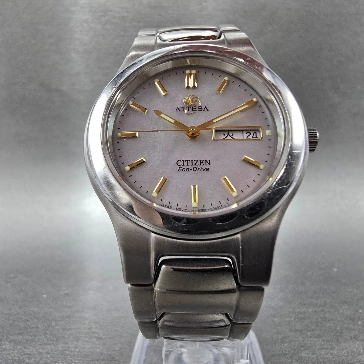 Citizen Attesa Eco-Drive Watch Men 35mm MOP Dial Titanium Daydate Round Works5
