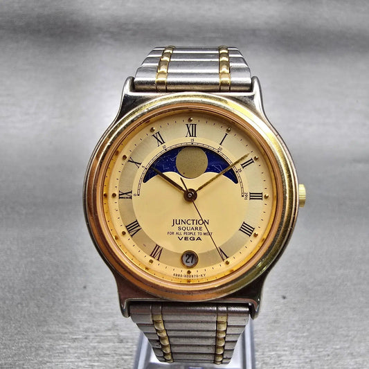 Vega Junction Moon Phase Watch Men 32mm Gold Dial Two Tone 6B85-K00667 New Batt0