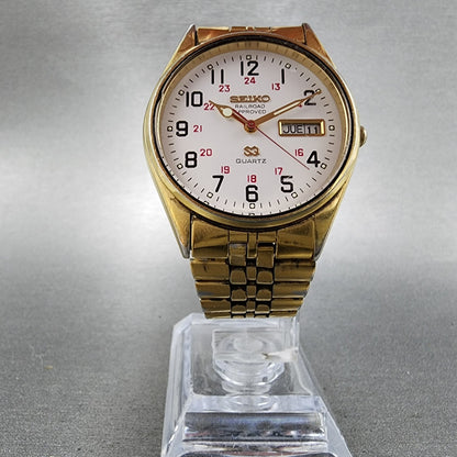 Seiko SQ Railroad Approved Watch Men 35mm White Dial Gold Tone New Batt NO BACK5