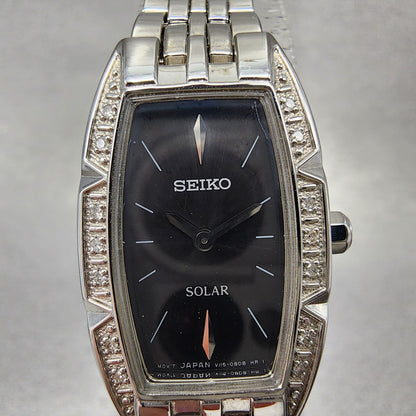 Seiko Solar Tank Watch Women 18mm Black Dial Silver Tone V115-0an0 Runs