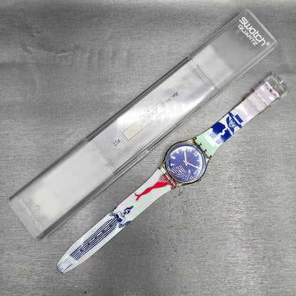 Swatch Gruau Watch Men 34mm Blue Dial Clear Case GK147 New Battery NOS16