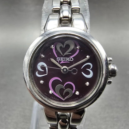 Seiko Solar Heart Watch Women 22mm Purple Dial Silver Tone Round V117-0BB0 Runs0