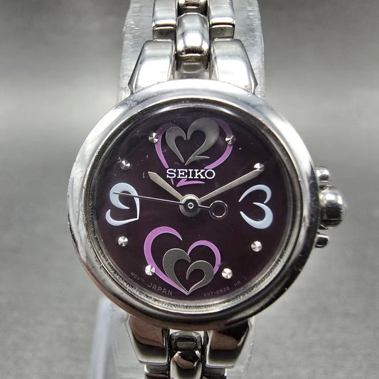 Seiko Solar Heart Watch Women 22mm Purple Dial Silver Tone Round V117-0BB0 Runs0