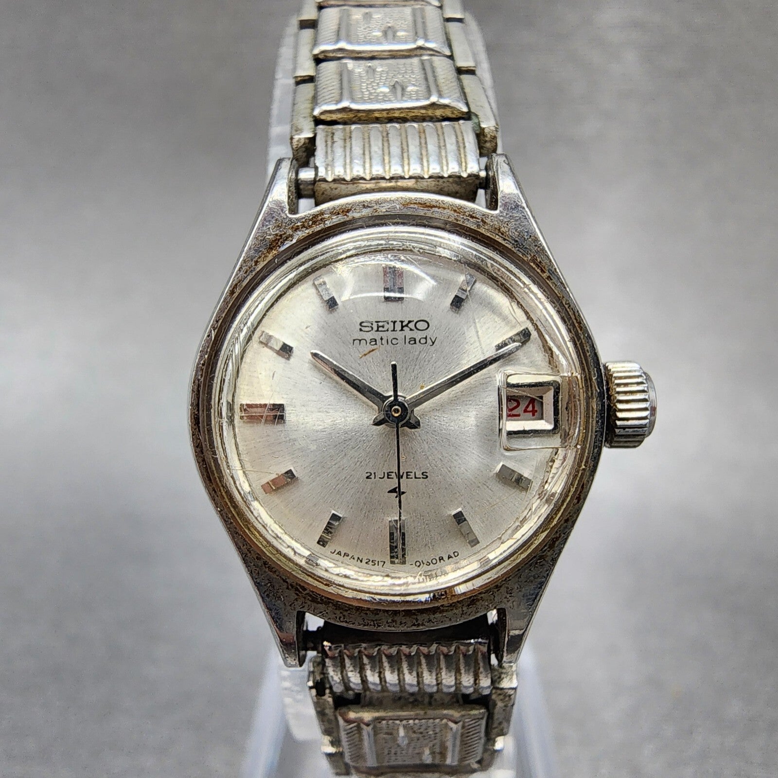 Seiko Matic Lady Watch Women 20mm Silver Dial Silver Tone Date 25170261 Runs0