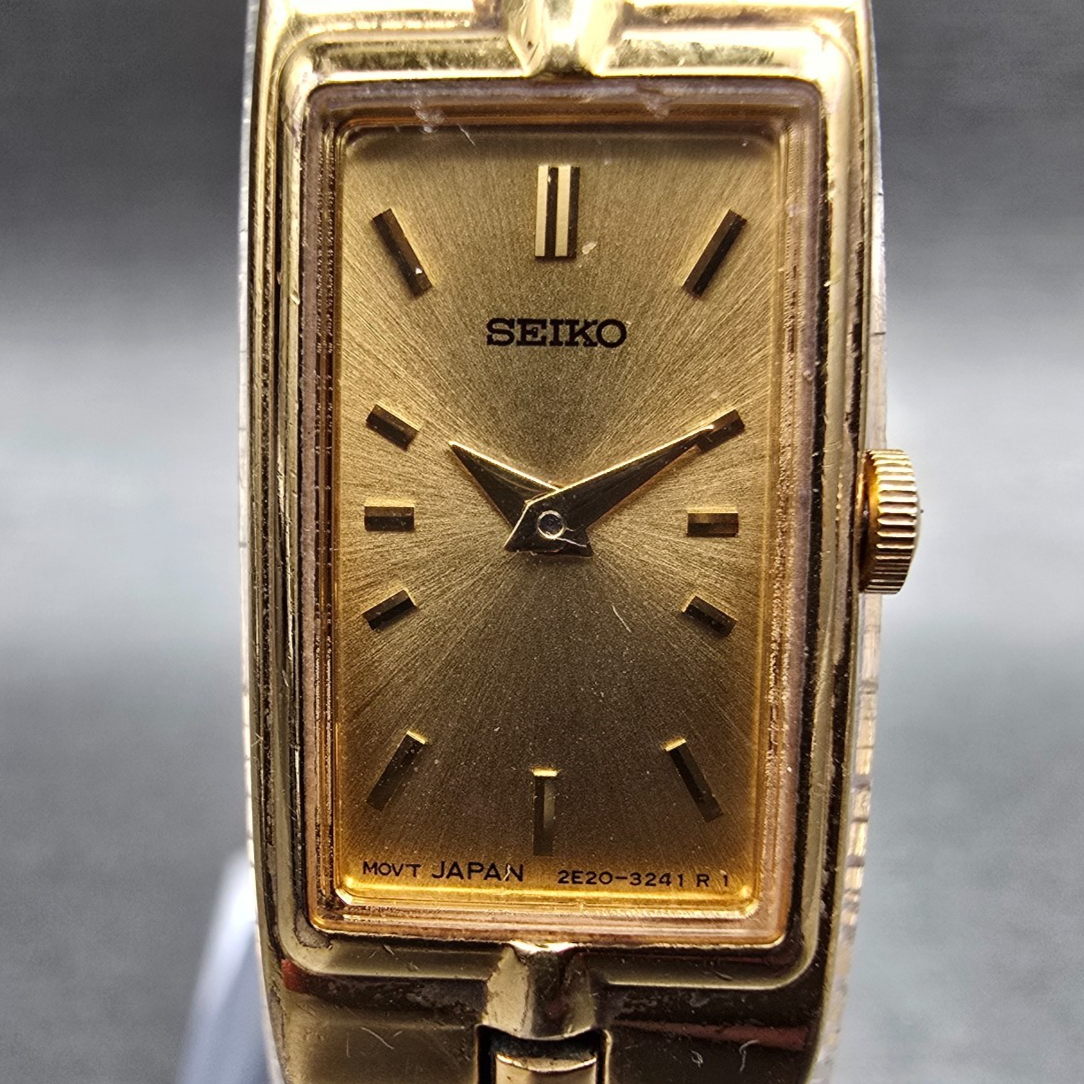 Seiko Tank Watch Women 13mm Gold Dial Gold Rectangle 2E20-7479 New Battery 564561