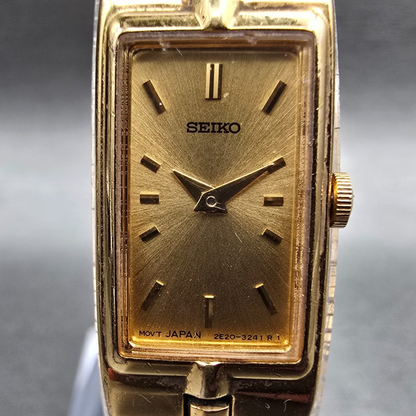 Seiko Tank Watch Women 13mm Gold Dial Gold Rectangle 2E20-7479 New Battery 564561