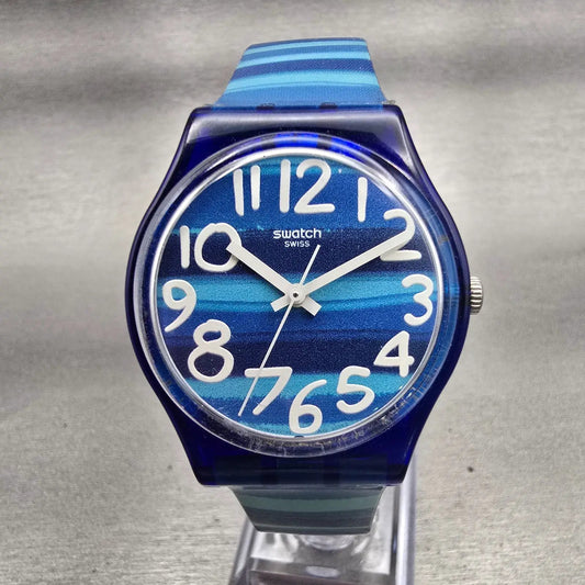 Swatch LINAJOLA Watch Men 34mm Blue Dial Blue Tone Round GN237 New Battery D0