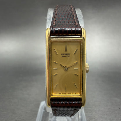 Seiko Tank Watch Women 13mm Gold Dial Gold Tone Rectangle 2e20-6120 New Battery0