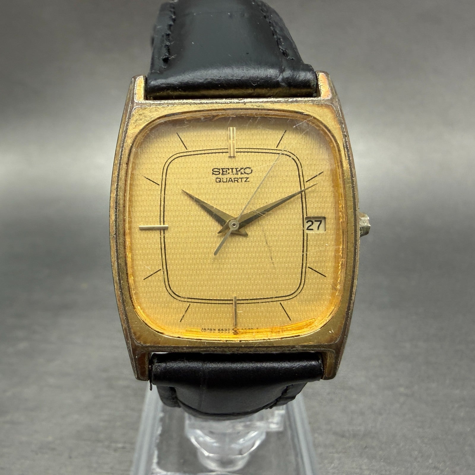Seiko Tank Watch Men 28mm Champagne Dial Gold Tone Date 6532-5250 New Battery S20