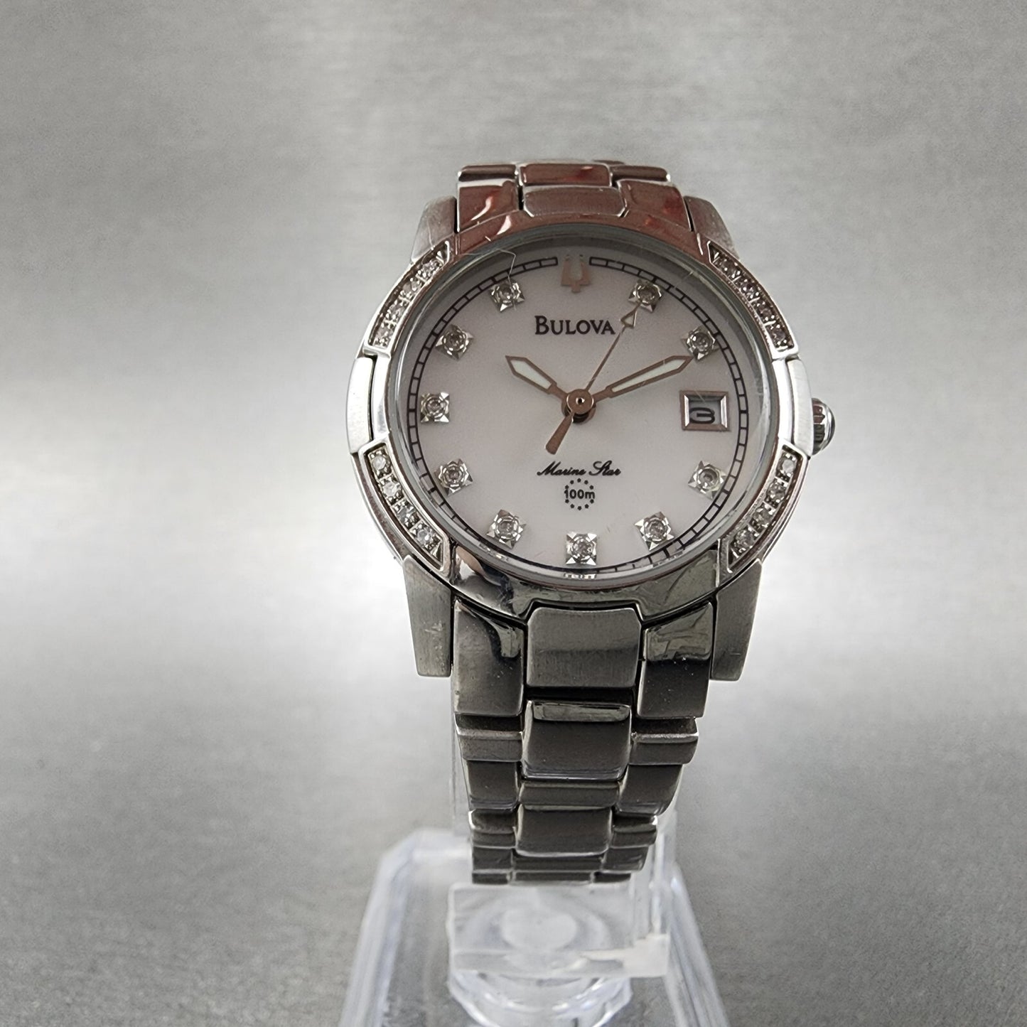 Bulova Marine Star Watch Women 26mm MOP Dial Silver Tone Date 96R42 New Battery5