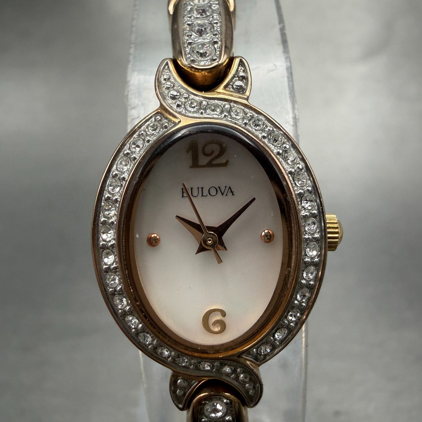 Bulova Watch Women 17mm MOP Dial Rose Gold Oval 98L200 New Battery Gem Set0