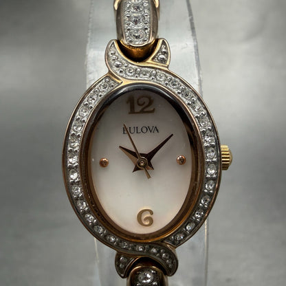 Bulova Watch Women 17mm MOP Dial Rose Gold Oval 98L200 New Battery Gem Set0