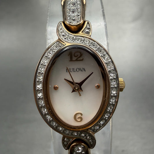 Bulova Watch Women 17mm MOP Dial Rose Gold Oval 98L200 New Battery Gem Set0