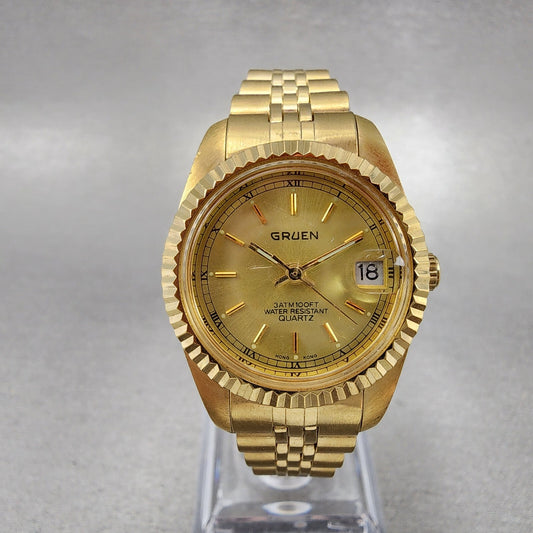 Gruen President Watch Women 26mm Gold Dial Gold Tone Date Round New Battery0