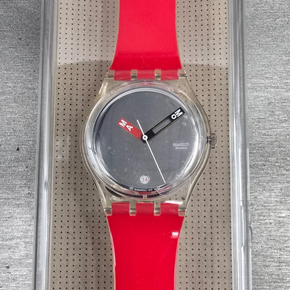 Swatch MoMA Red Watch Men 34mm Silver Dial Clear Case GZ406D New Battery NOS0