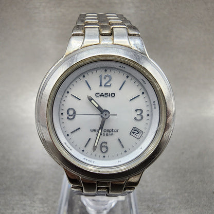 Casio Waveceptor Watch Women 33mm White Dial Silver Tone Date Round Runs READ!!!0