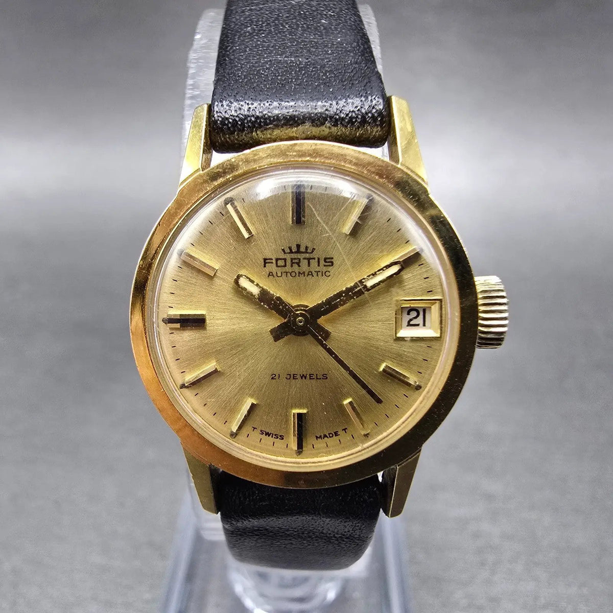 Fortis Automatic Watch Women 21mm Gold Dial Gold Plated Date Round Runs Vintage0