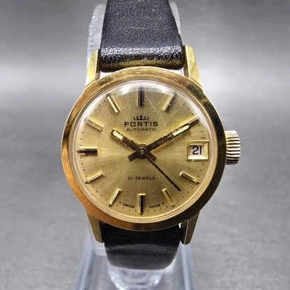 Fortis Automatic Watch Women 21mm Gold Dial Gold Plated Date Round Runs Vintage0
