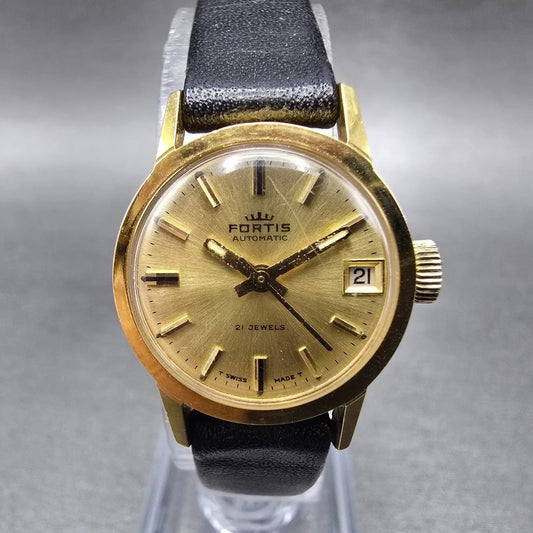 Fortis Automatic Watch Women 21mm Gold Dial Gold Plated Date Round Runs Vintage0