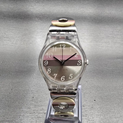 Swatch METALLIC DUNE Watch Women Brown Dial Clear Case Round LK258G New Battery0