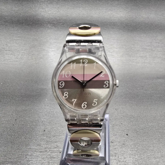 Swatch METALLIC DUNE Watch Women Brown Dial Clear Case Round LK258G New Battery0