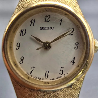 Seiko Watch Women 19mm Ivory Dial Gold Tone Round V401-1819 New Battery Vintage1