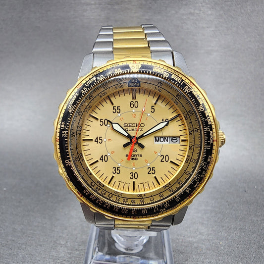 Seiko SQ Sports 150 Watch Men 41mm Gold Dial Two Tone Daydate Round New Battery