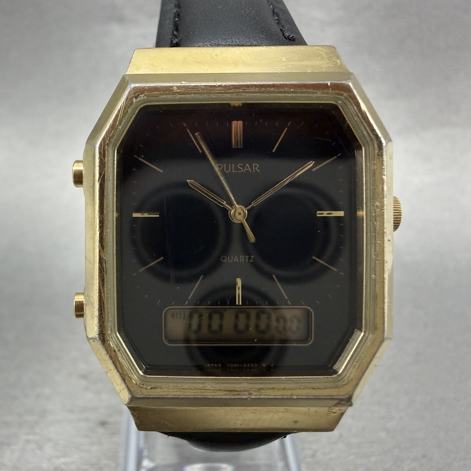 Pulsar Analog Digital Watch Men 29mm Black Dial Gold Octagon V0415180 New Batt1