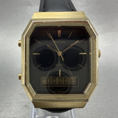 Pulsar Analog Digital Watch Men 29mm Black Dial Gold Octagon V0415180 New Batt1