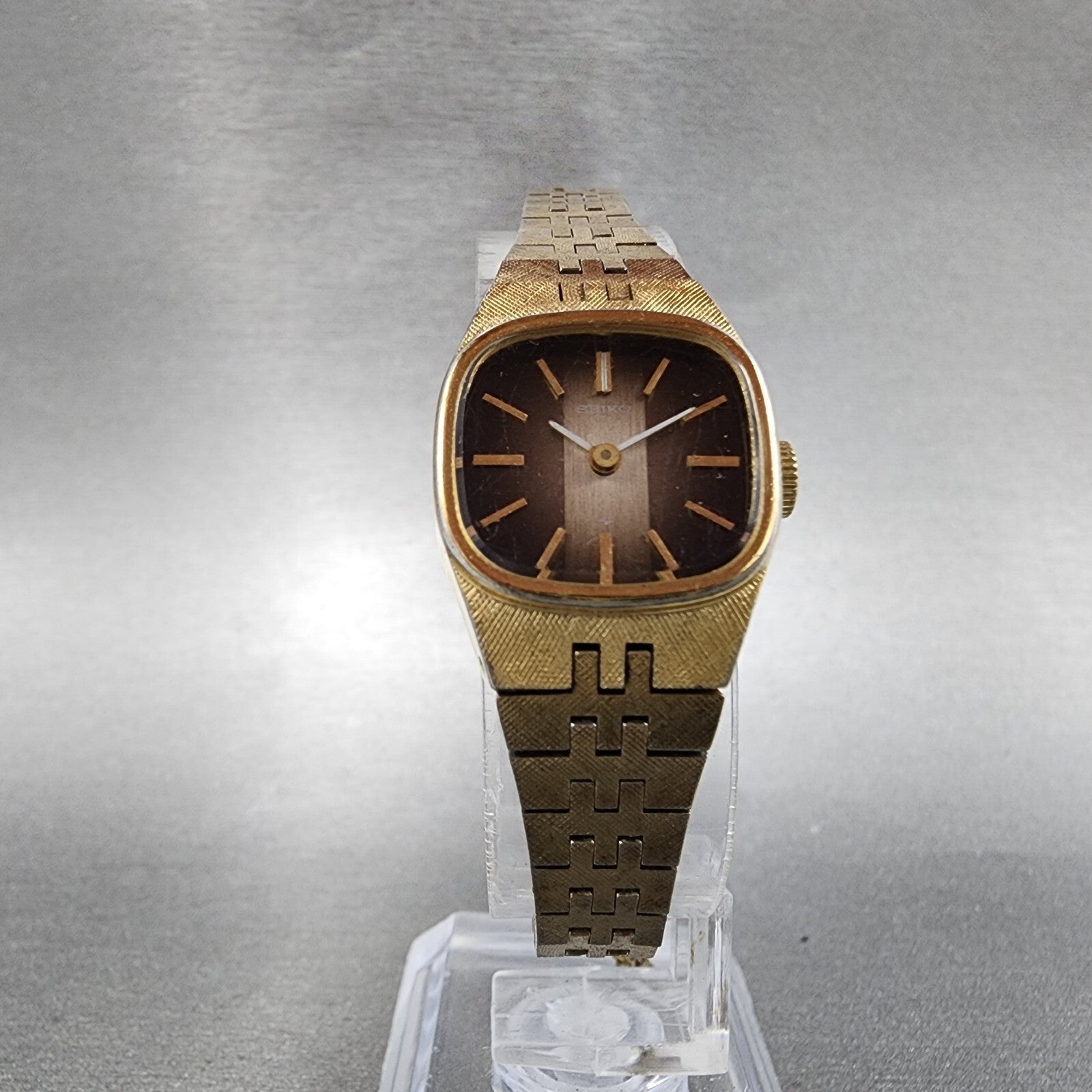 VTG Seiko Watch Women 19mm Brown Dial Gold Tone Rectangle Manual Wind Runs5