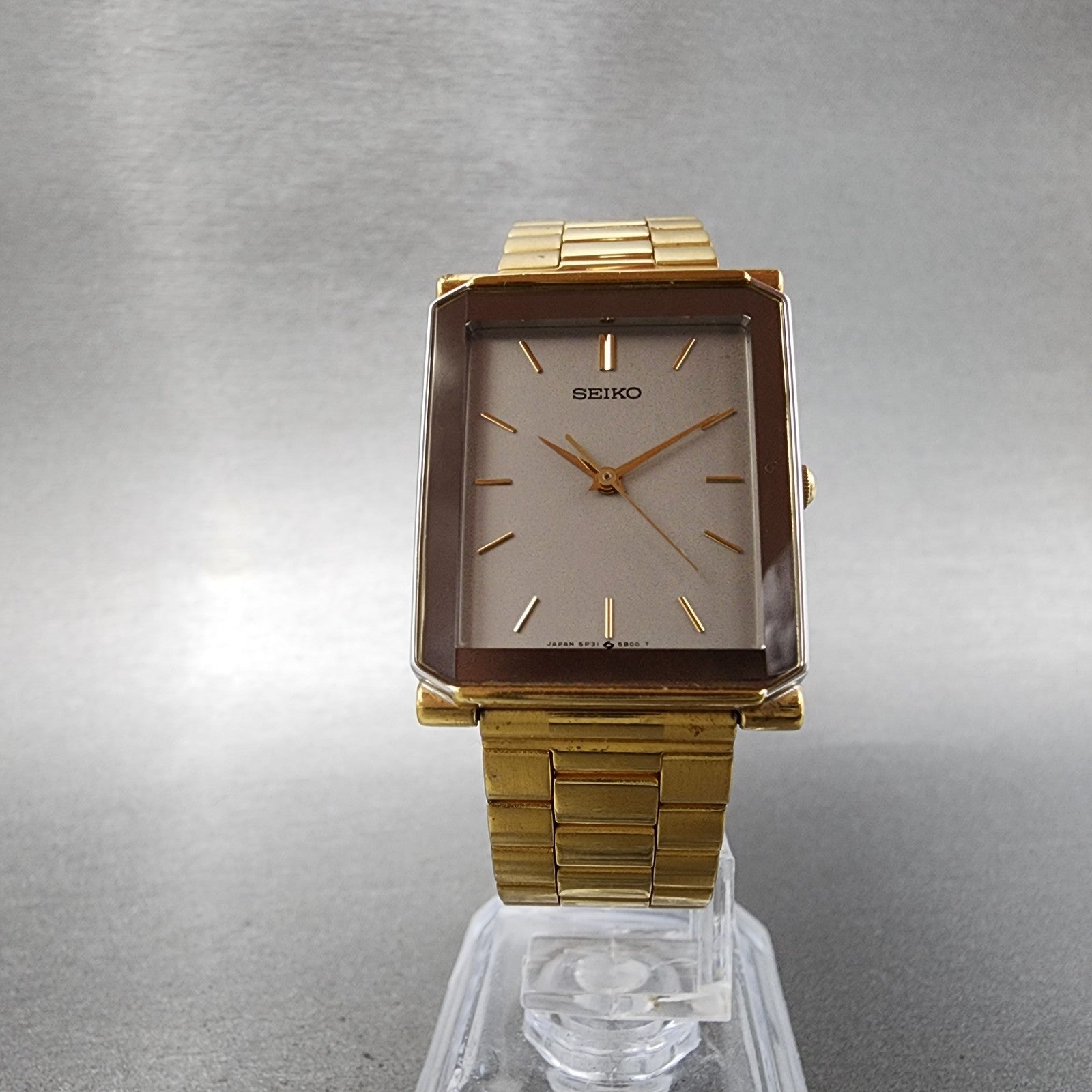 Seiko Tank Watch Men 25mm Gray Dial Gold Tone Rectangle 5p315a80 New Battery5
