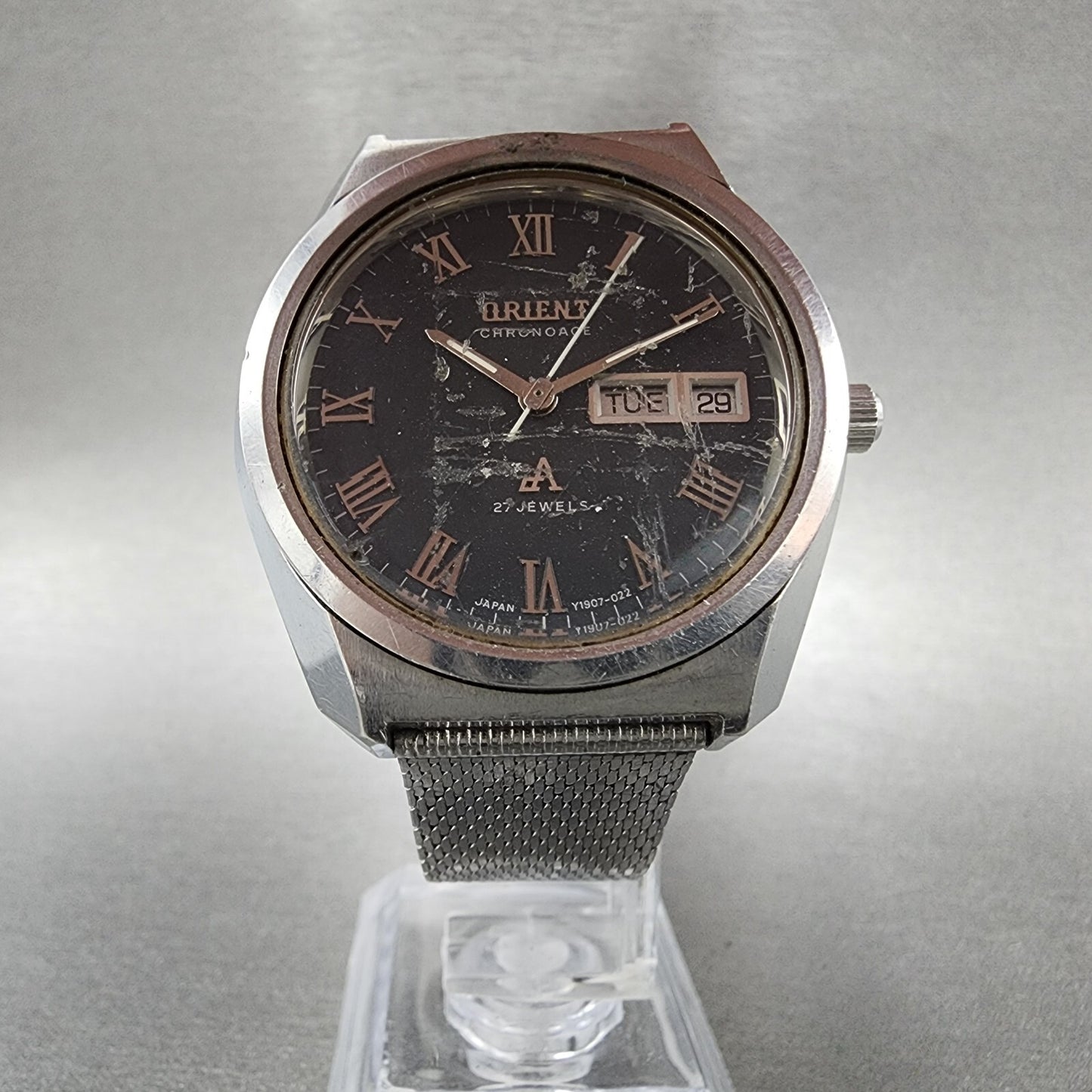 Orient Chronoace Watch Men 37mm Gray Dial Steel Daydate Round Automatic  PARTS5