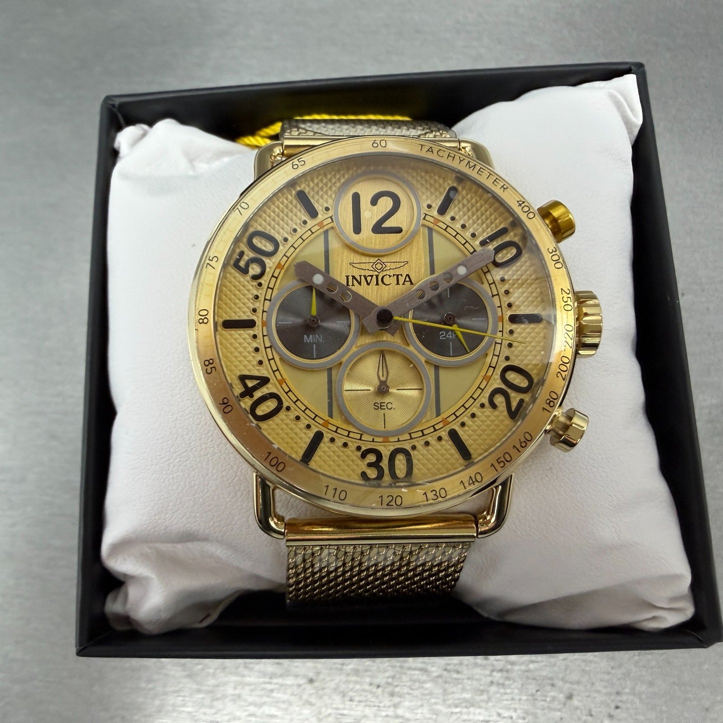 Invicta Speedway Chrono Watch Men 44mm Champagne Dial Gold Tone 69473 Mesh Band0