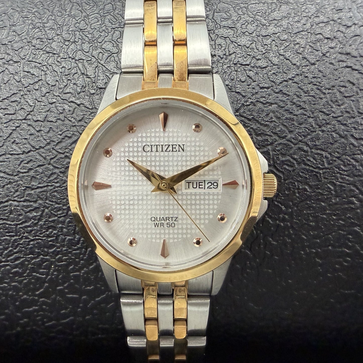 Citizen Watch Women 28mm White Dial Two Tone Daydate Round EQ060553A New Batt1
