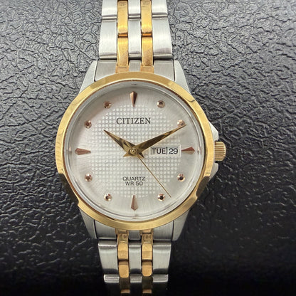 Citizen Watch Women 28mm White Dial Two Tone Daydate Round EQ060553A New Batt1