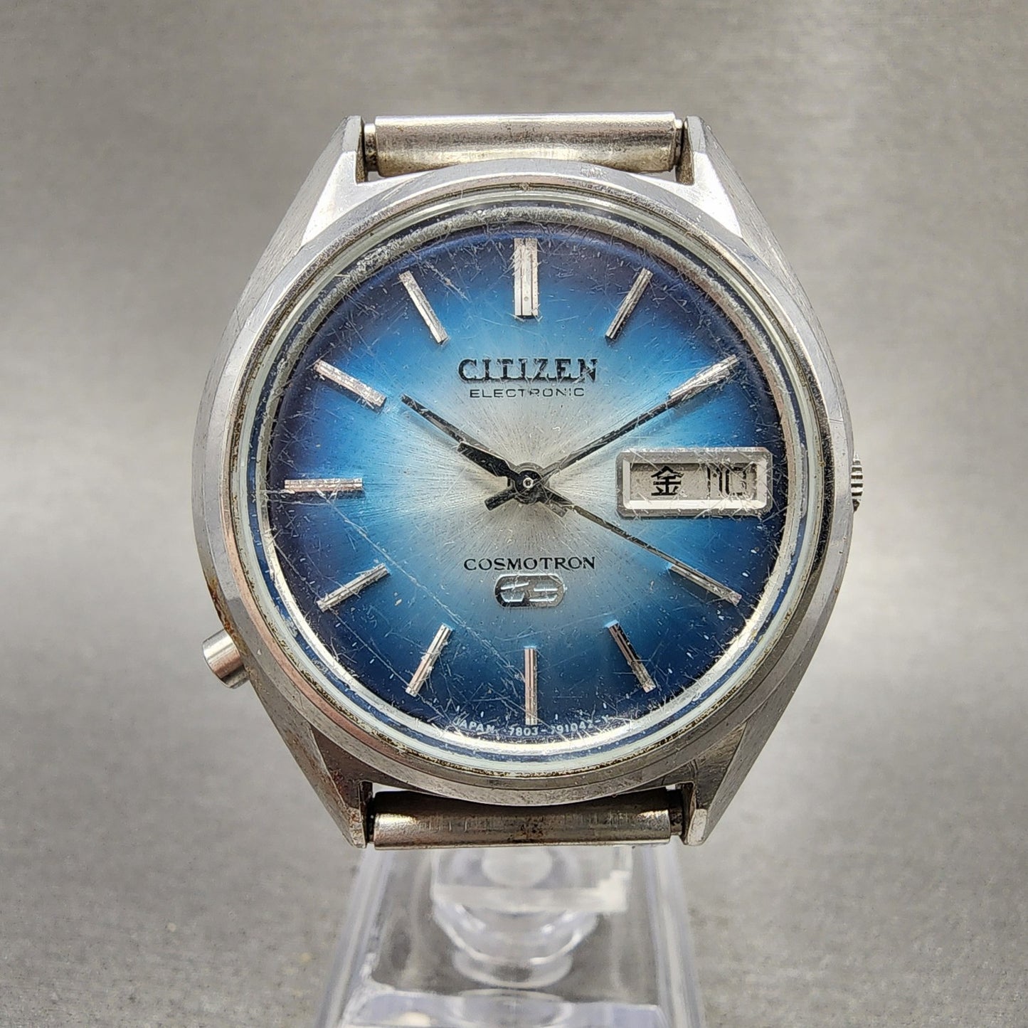 Citizen Electronic Cosmotron Watch Men 37mm Blue Dial Steel Daydate New Battery0