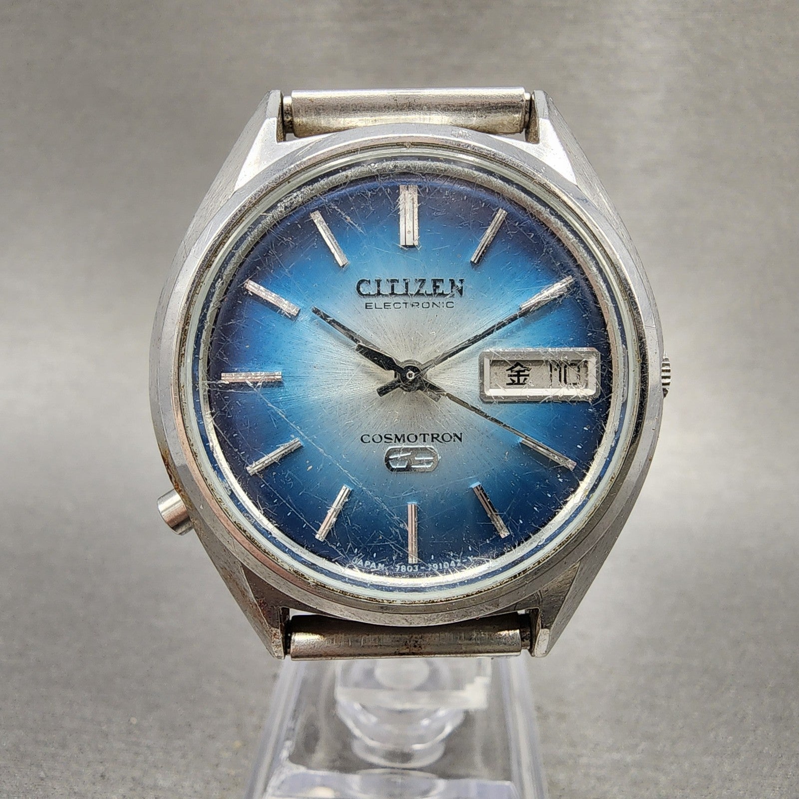 Citizen Electronic Cosmotron Watch Men 37mm Blue Dial Steel Daydate New Battery0