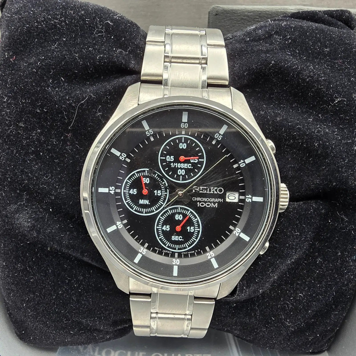 Seiko Chronograph Watch Men 43mm Black Dial Silver Tone Date 4T57-00G0 New Batt2