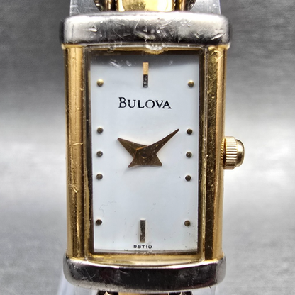 Bulova Watch Women 14mm White Dial Two Tone Rectangle 98T10 New Battery1