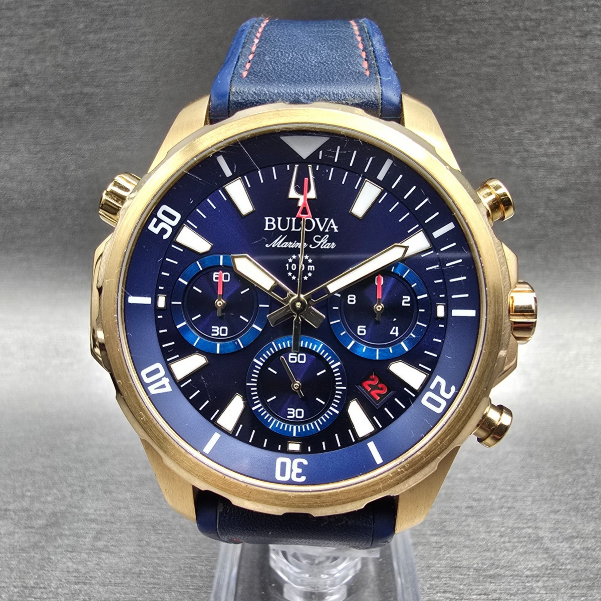 Bulova Marine Star Chronograph Watch Men 44mm Blue Dial Gold 97B168 New Battery0